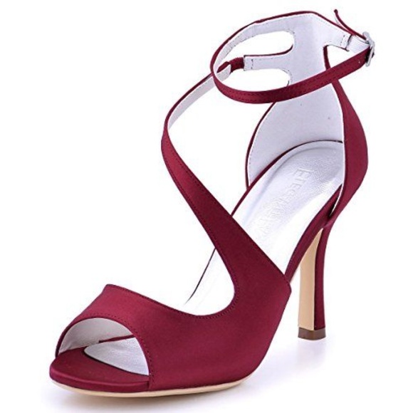 Elegantpark Shoes Burgundy Satin Ankle Strap Stiletto Heels Sz